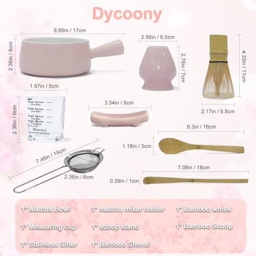 Dycoony Matcha whisk set, Matcha bowl with handle, 8-piece matcha set, bowl,matcha bamboo mixer, teaspoon, spoon, sieve, mixer holder,measuring cup,scoop stand, gift for matcha starter kit - Thumbnail 6