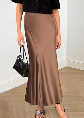 KIRUNDO Women Spring Summer Satin Maxi Skirt 2026 Trendy High Waisted Wedding Cocktail Party Work Silk A-Line Formal Skirts(Small, Coffee) - Thumbnail 4