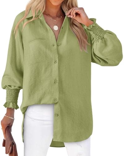 Bellcoco Women's Button Down Shirts Puff Sleeve Oversized Blouses Boyfriends Loose Tunics Casual Work Tops with Pocket（Avocado Green Shirt XL - Image 1