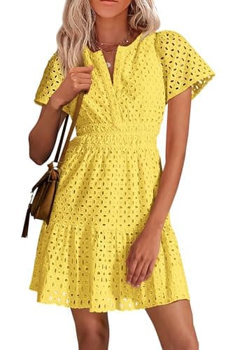 PRETTYGARDEN Womens 2025 Summer Short Dress V Neck Short Sleeve A Line Hollow Out Lace Ruffle Cute Casual Beach Party Dresses (Yellow,Small) - Image 1