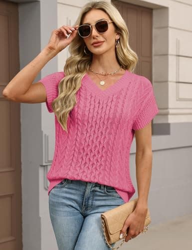 CiCiBird Women's Summer Cable Knit Sweater Vest V Neck Short Sleeve Pullover Top Trendy Loose Fit Pink XL - Thumbnail 4