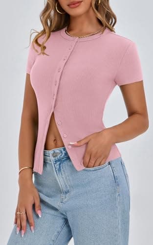 PRETTYGARDEN Women's Short Sleeve T Shirts Ribbed Knit Crew Neck Summer Tops 2025 Trendy Button Up Going Out Tight Basic Tees Y2K Clothes (Pink,L) - Thumbnail 4