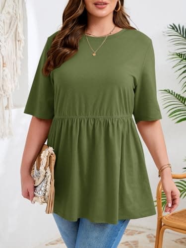 Beautife Womens Plus Size Summer Babydoll Tops Short Sleeve Crew Neck T Shirts Peplum Casual Loose Fit Blouse Army Green - Thumbnail 2