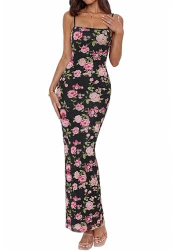 BTFBM Womens Maxi Dress 2026 Spring Floral Sexy Spaghetti Straps Sleeveless Bodycon Summer Beach Wedding Guest Dresses(Floral Black Pink, X-Small) - Image 1