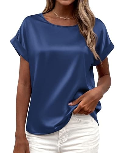BTFBM Womens Summer Tops Satin Blouses Dressy Casual Loose Crewneck Short Sleeve Shirts 2026 Work Business Outfits(Dark Grey Blue, Large) - Image 1