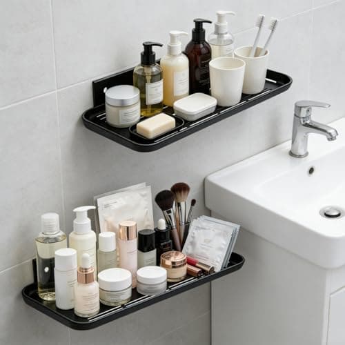 Wall Mounted Floating Shelf, Self Adhesive Shelf, No Drill Adhesive Wall Shelf, Floating Shelves Damage-Free Expand Walls Space for Living Room Kitchen Bathroom (2, Black) - Image 1