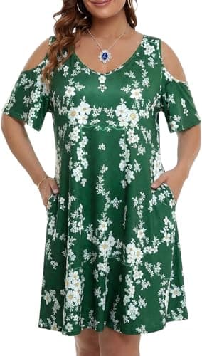 BLANCHES Plus Size Cold Shoulder Dress for Women Floral Print Off Shoulder V Neck Casual Boho Swing Dresses Ruffle A Line Vacation Elegant Mini Dress - Image 1