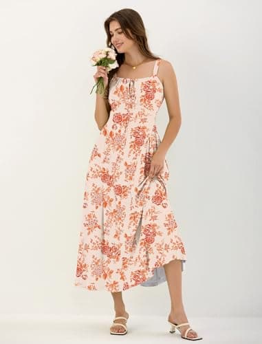 ZAFUL Floral Dress for Women Corset Dress Wedding Guest Flowy Dresses for Women A Line Casual Sundress with Pockets Orange Floral L - Thumbnail 4