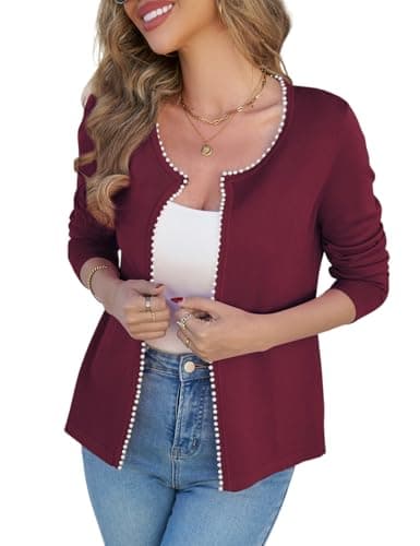 CiCiBird Women Lightweight Open Front Sweater Cardigan Pearls Trim Knit Jacket Trendy Long Sleeve Clothes Coatigan Burgundy M - Image 1