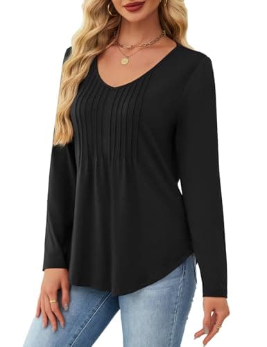 JUSTFASHIONNOW Winter Tops for Women V Neck Long Sleeve Shirts Pleated Plus Size Tunic Tops Peplum Dressy Blouses Women's Work Clothes Trendy 2025 (Black, Medium) - Thumbnail 2