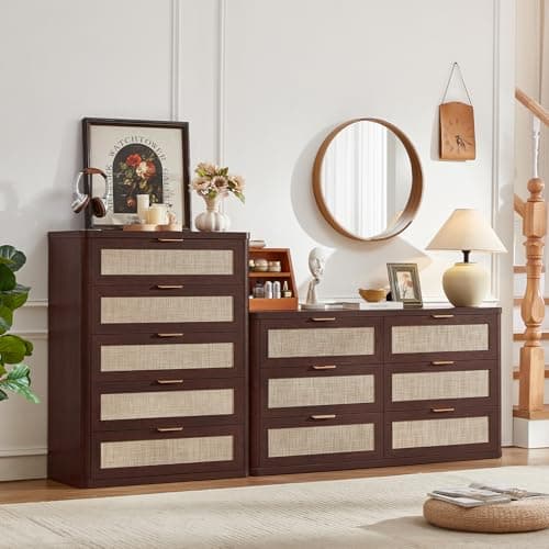 LEYAOYAO Rattan Dresser for Bedroom 41" Tall Chest of Drawers, Modern 5 Drawers Boho Dressers with Storage, Light Oak Dresser Wooden Closet Organizer for Living Room, Hallway, Retro Walnut - Thumbnail 5
