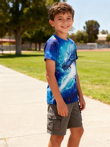 Funnycokid Boys Shirts Neon Color Size 13-14 Kids T-Shirts Girls Dragon Teen Clothes Tops Tees Animal Graphic Print Blue Bright Short Sleeve Birthday Cool 13-14 Years Youth - Thumbnail 3