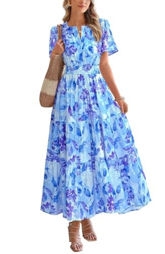 BTFBM Womens Summer Floral Maxi Dresses V Neck Short Sleeve Boho Casual Flowy Long Wedding Guest Dress Beach Vacation(Floral Blue Purple, Medium) - Image 1