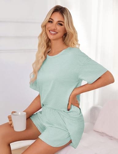 JUSTFASHIONNOW Womens Pajama Sets Shorts Striped Print Two Piece Lounge Sets Crew Neck Sleepwear Soft Pjs Split Shorts Set Summer Outfits Cute Pajama Sets for Women Pink S Cyan S - Thumbnail 5