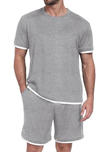 PrinStory Mens Pajamas Set 2 Piece Summer Pajama Sets Lightweight and Comfy Pjs Set Short Sleeve Loungewear with Pockets Light Gray-S - Image 1