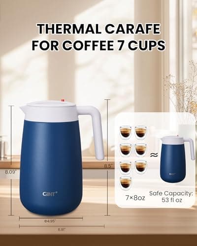GiNT 54Oz/1.6L Thermal Coffee Carafe Wide Mouth - Double Wall Vacuum Insulated Stainless Steel Beverage Dispenser with Safety Lock | 12H Hot & 24H Cold Retention (Blue) - Thumbnail 5