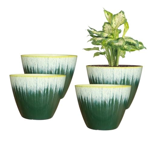 LESOASIS 8 inch Plant Pots with Drainage Holes, Pack of 4 Plastic Flower Pots Indoor, Modern Glossy Finishing Planter for Indoor Outdoor Plants (Green Glaze, 4 Pack)