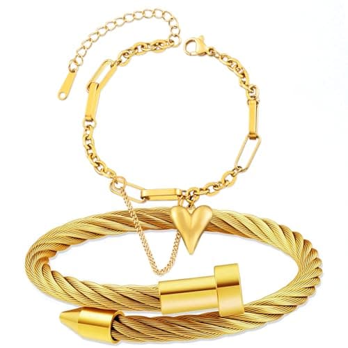 LCTrusttmor Gahna Heart Charm Bracelets for Women, Stackable 18K Gold Plated Heart Charm with Adjustable Box Link Chain Set Trendy Jewelry Gifts - Image 1