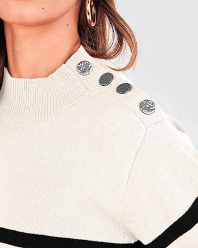 KIRUNDO Fall Sweaters for Women 2026 Striped Turtleneck Ribbed Knit Sweater Trendy Pullover Jumper Winter Fashion Clothing Cream and Black Striped Sweater(Large, White) - Thumbnail 5