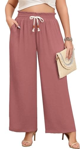 Lastshe Womens Plus Size Wide Leg Pants with Pockets High Waist Pull On Pants Casual Lightweight Work Casual Palazzo Pants Outfit,Brick Red,2X - Image 1
