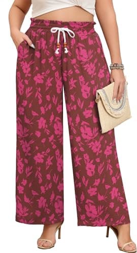 Lastshe Plus Size Pants for Womens Wide Leg High Waisted Fashion Straight Loose Trousers Work Dressy Pants,Print Red,2X - Image 1