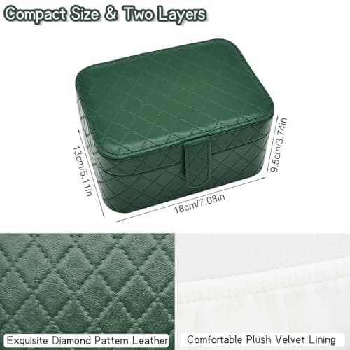 Cuifdem Jewelry Travel Case, 2-Layer Jewelry Box Organizer Medium Jewelry Travel Box, Portable Faux Leather Jewellery Storage Boxes with Argyle for Women, Daily Jewellery Case Home Use (Dark green) - Thumbnail 2