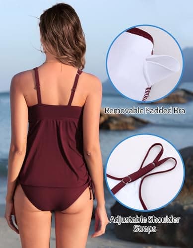 ANFILIA Womens Tummy Control Two Piece Tankini Swimsuits Tie-Side Drawstrings Tankini Set Push up Swimwear Bathing Suits Wine Red - Thumbnail 5