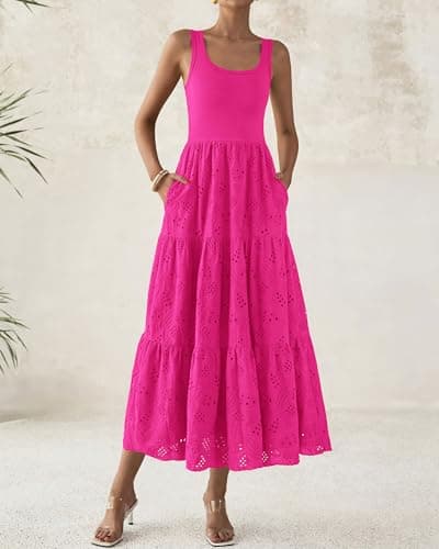 BTFBM Women Summer Eyelet Midi Dresses Casual Spring 2026 Sleeveless A Line Flowy Vacation Beach Wedding Guest Sun Dress(Hot Pink, X-Large) - Thumbnail 5