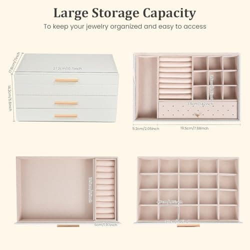 Dajasan Jewelry Boxes for Women, Jewelry Box Organizer with 2 Drawers, 3-Tier Large Jewelry Holder Organizer Box for Necklace Ring Earring Bracelet, Gift Idea, Modern Style (White) - Thumbnail 2