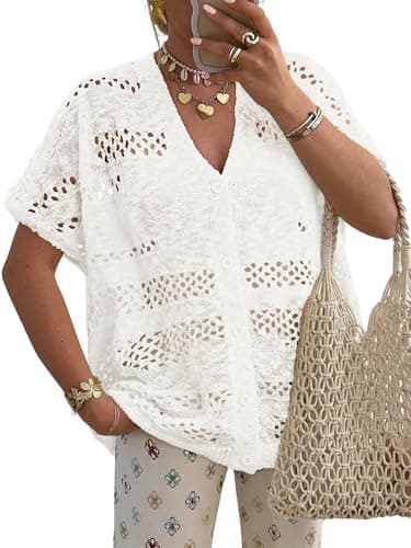 KISSMODA Off-White Plastic Button Mesh Crochet Cardigan V-Neck Breathable Boho Vacation Rooftop Drinks Outfit for Women’s M - Image 1
