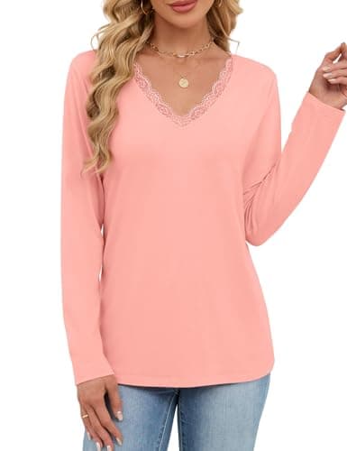JUSTFASHIONNOW Winter Tops for Women V Neck Long Sleeve Shirts Trendy Lace Shirt Loose Fit Basic Tee Dressy Casual Work Office Outfits 2025 (Pink,Large) - Thumbnail 3
