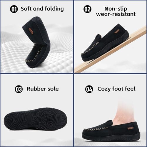 BOVTY House Slippers for Men Moccasins - Memory Foam&Warm Plush Indoor Outdoor Slip-on Loafers Black - Thumbnail 6