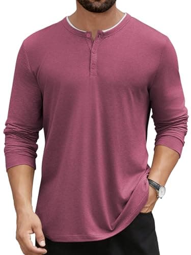 Hardaddy Men's Long Sleeve Henley Shirts Casual Color Block Henley Button T-Shirt Tops Wine Red M - Image 1