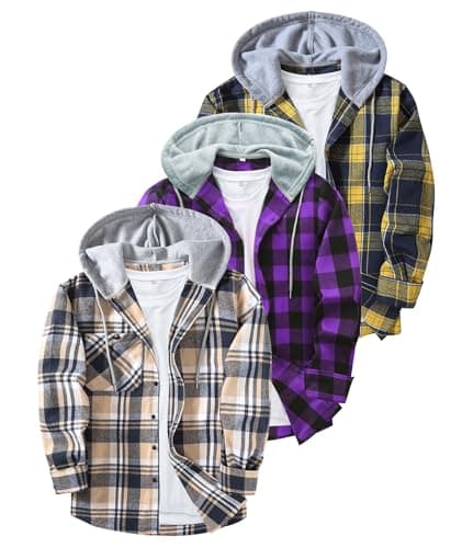 3-Pack Men's Plaid Hooded Button-Up Shirts Long Sleeve Cotton Hoodies Loose Fit Casual Tops Flannel Shirt - Image 1