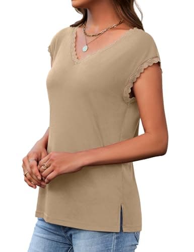 JUSTFASHIONNOW Cap Sleeve T Shirts for Women Lace Trim V Neck Tops Dressy Casual Blouses Cute Summer Tank Tops Spring Clothes(Khaki,Medium) - Thumbnail 4