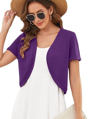 Heymoments Women's Short Sleeve Shrugs Purple Small Lightweight V-Neck Open Front Cropped Cardigan Knitted Bolero Sweaters Elegant Dresses Cover Up - Image 1