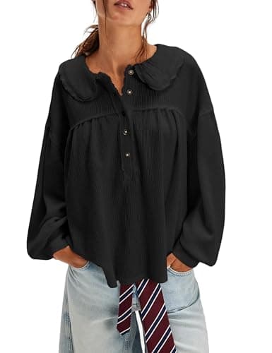 Women's Waffle Knit Tops Collared Solid Color Pullover Long Sleeve V Neck Loose Tunic Babydoll Top Blouse(Black,L) - Image 1