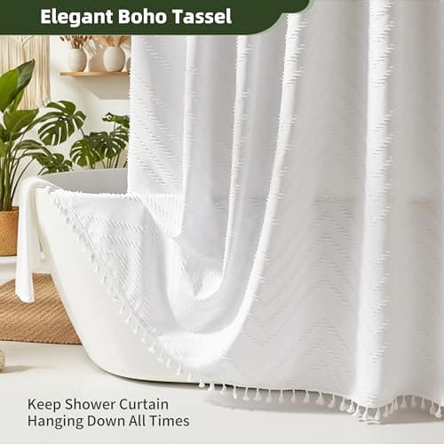 Siiluminisoy White Shower Curtain Fabric Boho Shower Curtain Cloth Textured Tufted Chevron Elegant Shower Curtains Waterproof for Bathroom 72" x 72" - Thumbnail 4