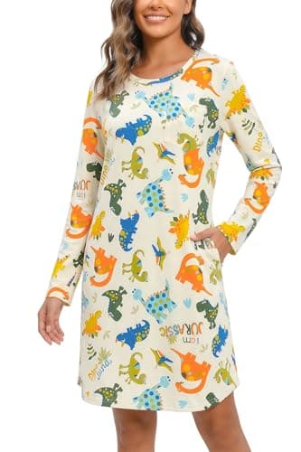 LovinPet Women's Long Sleeve Nightgown Sleep Shirt, Dinosaur Print Boyfriend Crewneck Pullover Sleepshirt with Chest Pocket, Soft and Comfort Lounge Dress, Orange, M - Image 1