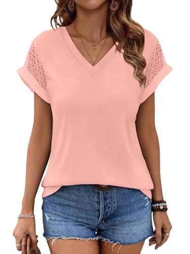 Bliwov Womens Summer Tops V Neck Lace Short Sleeve T Shirts Dressy Casual Business Outfits 2026 Spring Fashion Tee Clothes Light Pink - Image 1