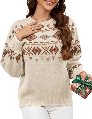 GAMISS Women's Crewneck Casual Loose Long Sleeve Lightweight Aztec Print Color Block Pullover Sweaters Classic Apricot L - Image 1