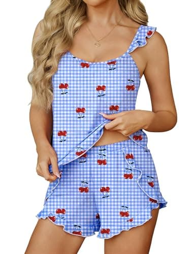 Ekouaer Womens Pajama Sets Ruffle Cami Top and Shorts 2 Piece Lounge Set Sleepwear, Summer Comfy Cute Bridal Pajama for Women - Image 1