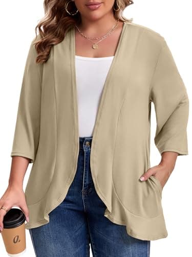 MK Shop Limited Plus Size Cardigan for Women Casual 3/4 Sleeve Lightweight Soft Open Front Cardigans with Pockets Khaki 4XL - Image 1