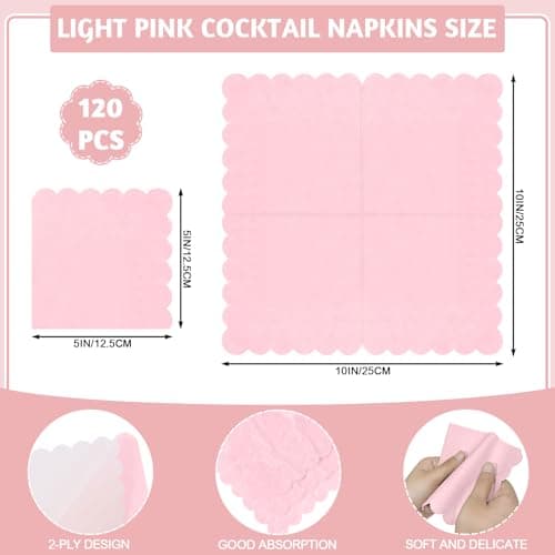 NatNarr 120 Pcs Cocktail Napkins Pink Paper Napkins Light Pink Dessert Beverage Napkin Cute Scalloped Party Napkin for Mothers Day, Baby Bridal Shower, Birthday, 5 x 5 Inch - Thumbnail 2