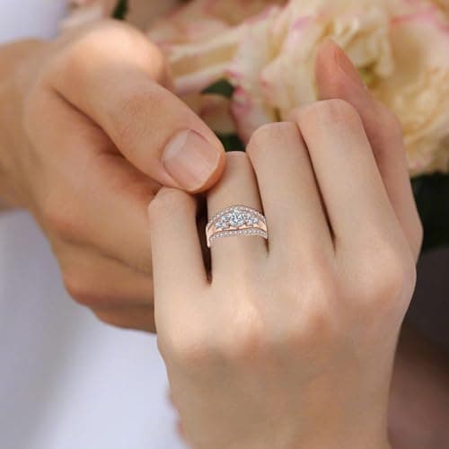 Vinoya 925 Sterling Silver Wedding Rings for Women Cubic Zirconia Rose Gold Plated Rings Three-in-One Engagement Promise Eternity Bands for Bridal Stackable Ring Size 7 - Thumbnail 4