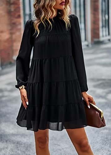 KIRUNDO Long Sleeve Baby Doll Dresses Women 2026 Casual Spring Summer Ruffle Mock Neck Tiered Mini Flowy Swing Shift Dress(Black, Medium) - Thumbnail 2