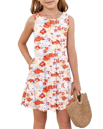 Girls Sleeveless Summer Dress Kids Crewneck Casual Mini Floral A Line Beach Sundresses with Pockets 5-14 Years Red Pink Flower XL - Image 1