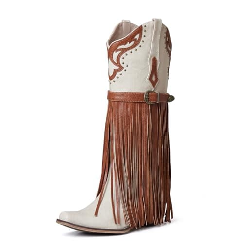 SaraIris Women's White Knee High Boots Fringe Cowboy Boots Cowgirl Boots Chunky Heel Pointed Toe Pull On Western Boots for Women Size 7 - Image 1
