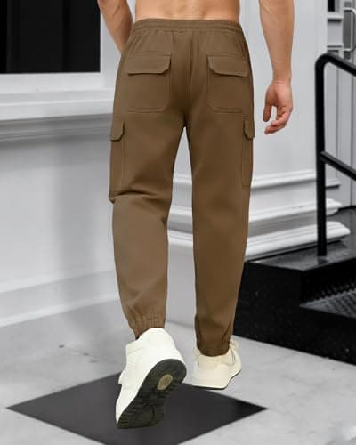 DISLANBO Mens Jogger Pants Casual Lightweight Cargo Pants Drawstring Elastic Waist Tapered Leg Pants with Pockets Coffee S - Thumbnail 6