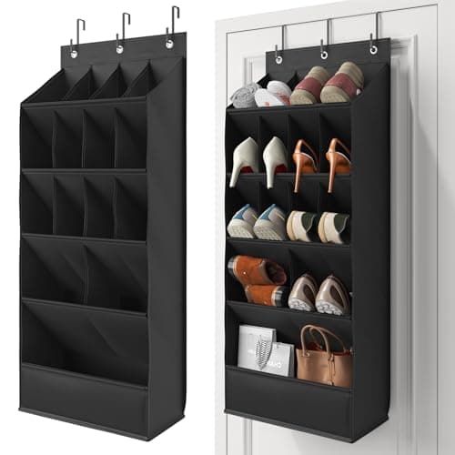 15 Pockets Over the Door Shoe Organizer, Shoe Rack for Closet Door with Large Breathable Pockets, Hanging Shoes Rack for Boots Size, Behind the Door Organizer Shoe Holder for Flexible Storage, Black - Image 1